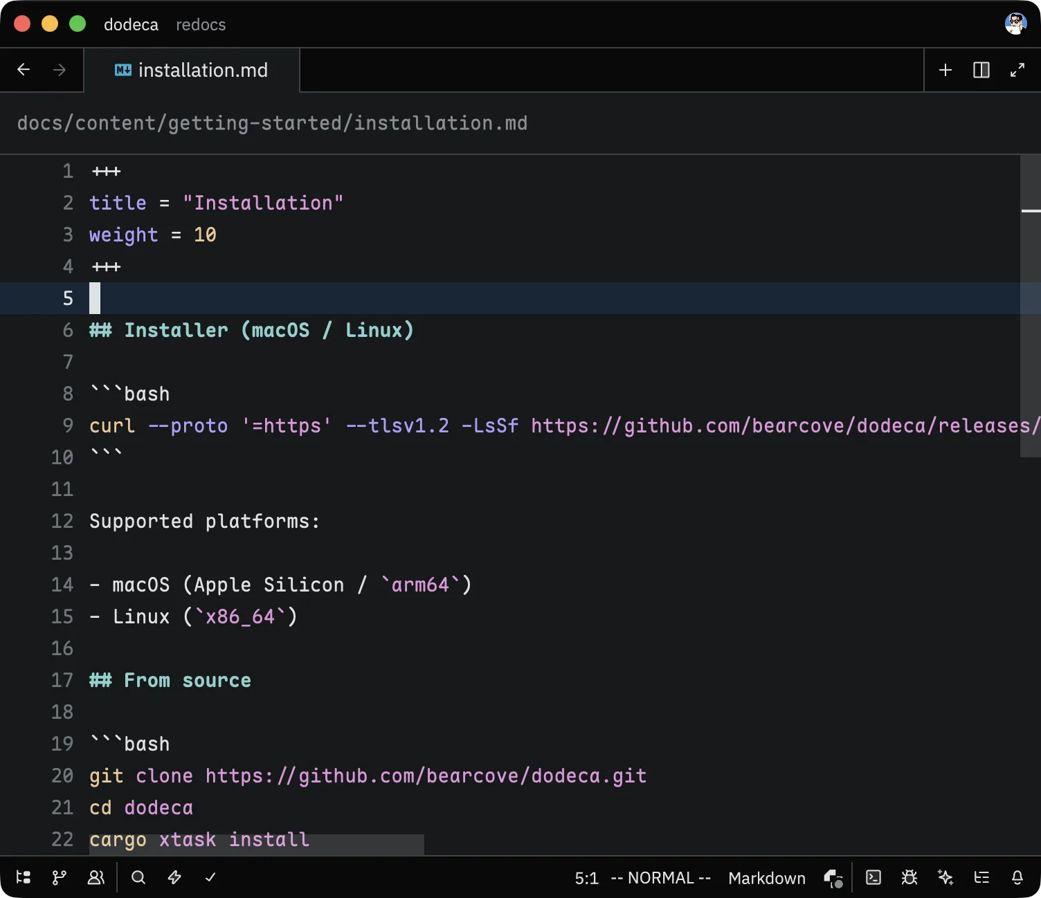 Markdown file with TOML frontmatter in an editor